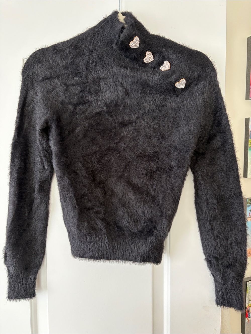 Zara Black Fuzzy Turtleneck Sweater with Heart Buttons